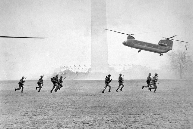 Federal troops and helicopters at the Washington Monument on May 3, 1971